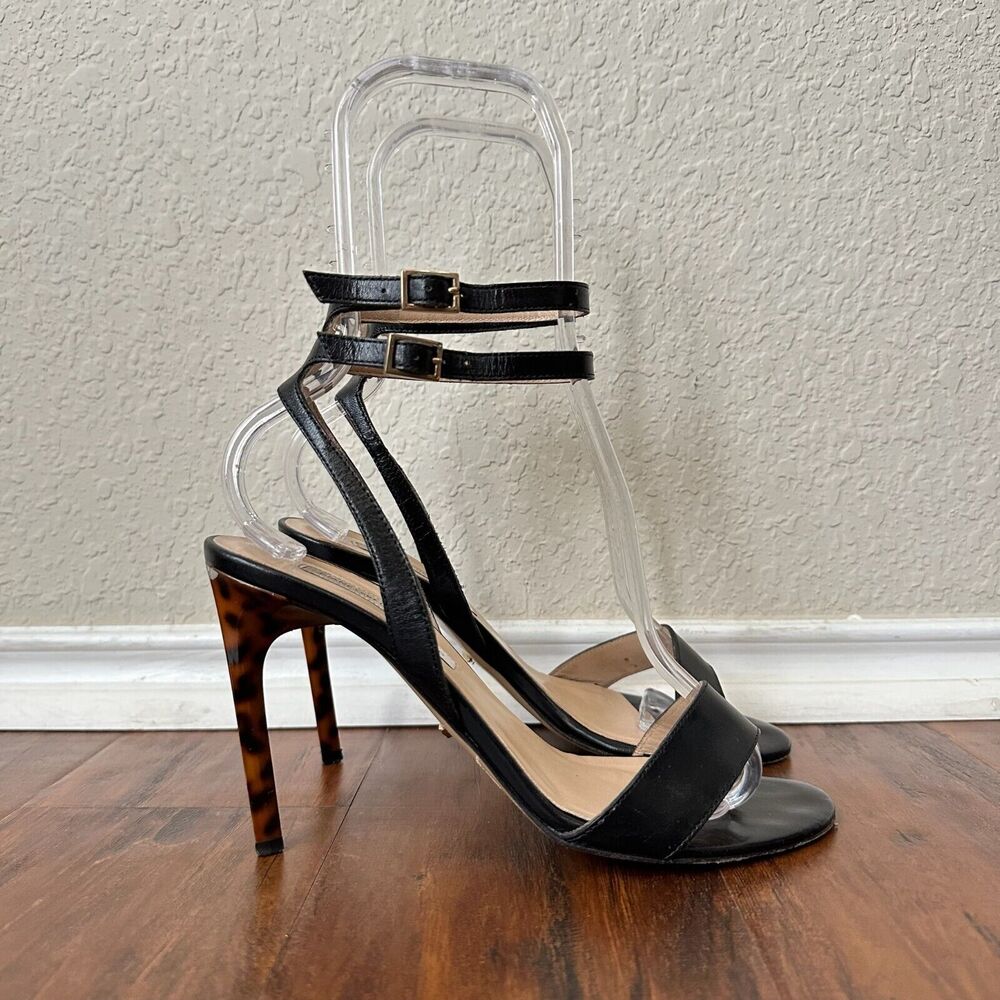 DIANE VON FURSTENBERG Vera Simple Strap Leather Heels Black Calf Leather